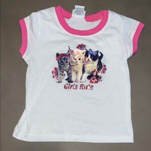 Y2K Ponytail Girls Rule Cat Print Ringer T-Shirt - White and Pink